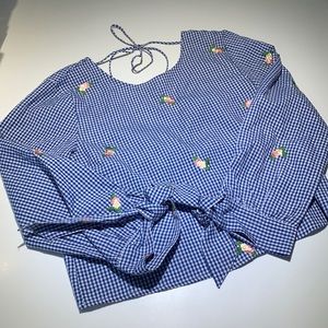 Gingham blue with embroidered flower open back Top